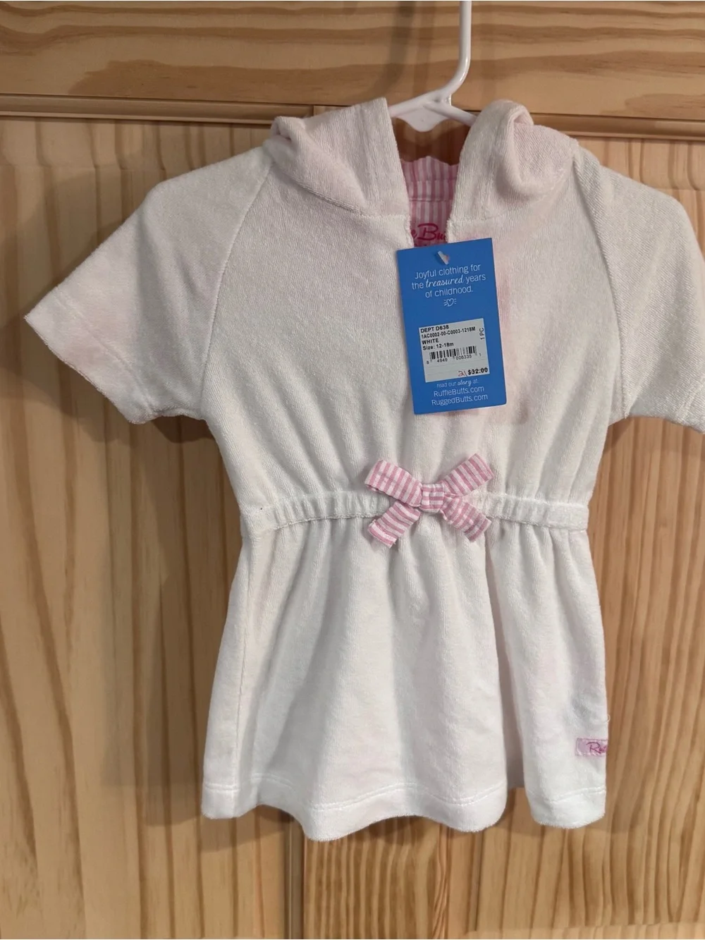 Ruffle Butts White Hooded Girls' Swim Coverup with Pink Bow NWT 12-18